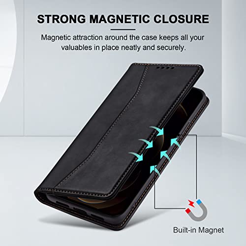 Image of Jasonyu Flip Wallet Case for iPhone 12 Pro Max,Leather Magnetic Folio Cover with Card Holder,Kickstand - TPU Shockproof Durable Protective Phone Case,Black