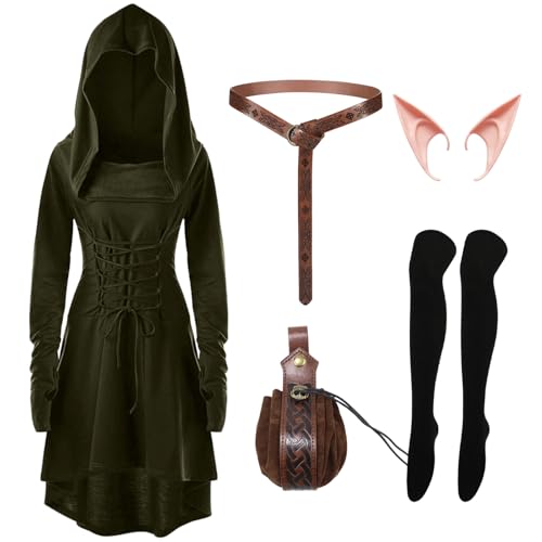Antsparty Mittelalter Kleidung Damen, Renaissance Kostüm Set mit Gothic Kleid Gürtel Gürteltasche Elfenohren Strümpfe, Damen Mittelalter...