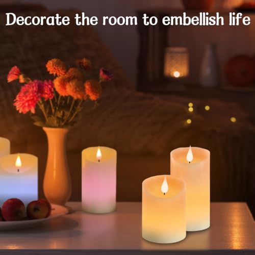 Image of LEDHOLYT Flameless Candle RGB Set, Flickering LED Pillar Real Wax Candle with Remote Control and Timer, Upgraded Blue Flame Heart, Built-in Battery Rechargeable Flameless Candle, 1 Set of 3