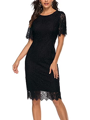 Merokeety Women's Short Sleeve Lace Floral Cocktail Dress Crew Neck Knee Length For Party #TOP1