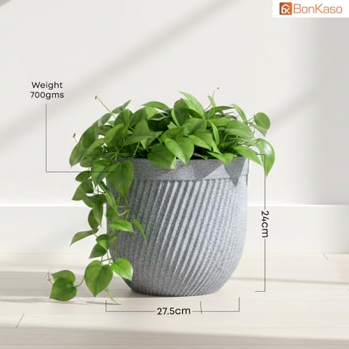Image of Bonkaso 10 Inch Seltos Ribbed Planter for Indoor & Outdoor Use | Round Heavy Duty Polymer Flower Pot | Lightweight Weather Resistant Modern Gamla for Living Room Balcony & Terrace (Light Grey)