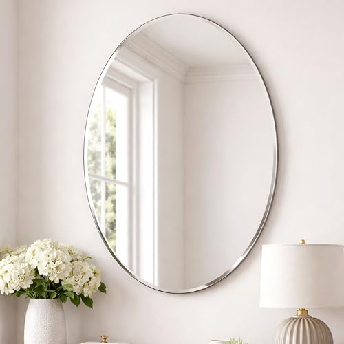 Image of Rousrie Frameless Wall Mirror for Bathroom, Glass, Modern, Clear, Rectangle, 60 x 45 Centimeters, Wall Mount (1, Oval)