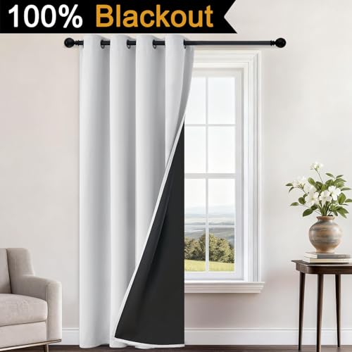 Image of Yakamok Greyish White Blackout Curtains 84 Inches Long 52 inch Wide, 1 Panel | Blackout Curtain Panels for Bedroom, 2 Thick Layers Grommet Top Thermal Insulated Drapes with Black Liner for Living Room