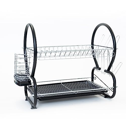 Royalford Kitchen 2 -Tier Dish Rack – Dish Drainer, Dish Drying Rack with Drain Board/Plastic Tray & Utensil Holder - Space-Saving Dish Rack, Compact, Durable & Easy to Assemble, Black