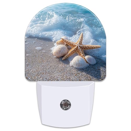 Image of Starfish and Seashells on Beach Night Light for Kids,Summer Beach Ocean Waves Plug in Night Light with Dusk to Dawn Sensor, 0.5w Energy Saving Nightlight for Hallway Stairway Kitchen Bedroom