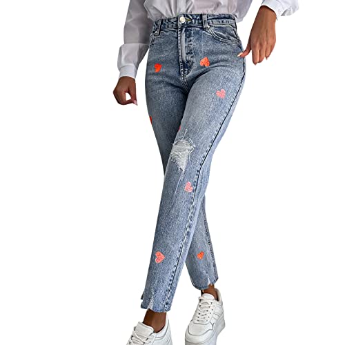 Jeans rectos con patrón de corazón para adolescentes y mujeres, j...