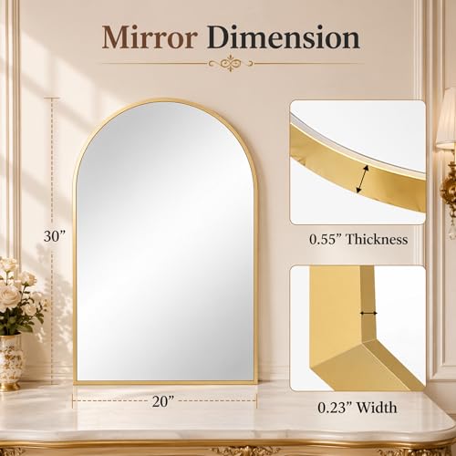 Image of 20 inchx30 inch Arched Gold Bathroom Mirror - Metal Framed with HD Shatter-Proof Glass, Wall-Mounted for Over Sink, Entryway, Living Room, Bedroom