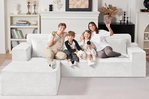 Image of HABUTWAY 105 inch L-Shape Modular Sectional Sofa Couch for Living Room,No Assembly Required,Modular Comfy Sofa with Deep Seat for Living Room Bedroom,Luxury Distressed Velvet(Left,Beige)