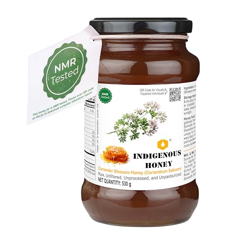 Image of INDIGENOUS HONEY Coriander Honey Raw Organic Natural Pure Unprocessed NMR Tested Unpasteurized Unheated 530g Glass Jar Pack of 1