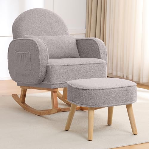 Image of HCHAIRH Nursery Rocking Chair with Ottoman, Upholstered Glider Rocker with High Backrest and Side Pocket, Rocking Accent Armchair with Solid Wood Legs for Nursery, Living Room, Bedroom Light Grey