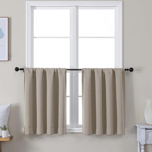 Image of Simplebrand Ava Stone Short 24 Inches Blackout Curtain 2 Panels Set, Half Window Rod Pocket Privacy Curtain Tiers for Kitchen, Curtains Blackout for Bathroom Shades, W30 x L24 Inch, Stone