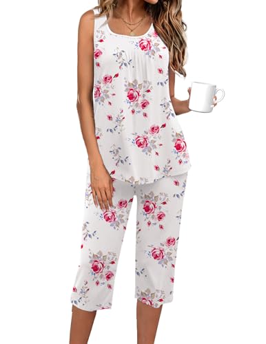 Image of Ekouaer Capri Pajama Sets for Women 2 Piece Soft Cute Pjs Round Neck Sleeveless Lounge Set for Summer Sleepwear S-XXXL