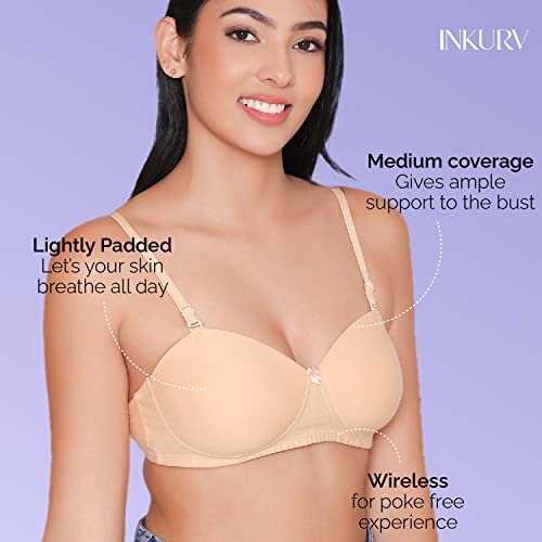 Image of INKURV Cotton Rich Padded T-Shirt Bra for Women, Seamless, Non-Wired with Detachable Straps, Sweet Heart Neckline, Everyday Bra 3 /4th Coverage with no spillage- ROMI Combo of 2
