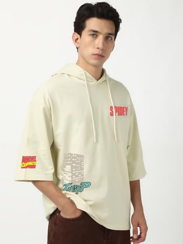 Image of Bewakoof Official Marvel Merchandise Spiderman Men's Graphic Print Oversized Fit Half Sleeve Hooded Cotton T-Shirt