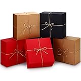 Spiareal 12 Pcs Christmas Boxes with Lids 8'' x 8''x 4'' Square Kraft Boxes with Twine for Xmas Gift Wrapping Holidays Wedding Birthday Party (Red, Black, Brown)