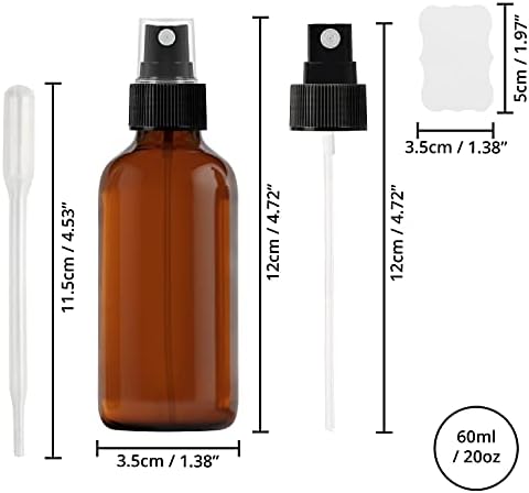 BELLE VOUS Glass Amber Spray Bottles (16 Pack) - 2 Pipettes & Sticker Labels Included - 60ml / 2oz - Empty Fine Mist Bottle Sprayer - Refillable Bottles for Essential Oils, Cleaning and Aromatherapy