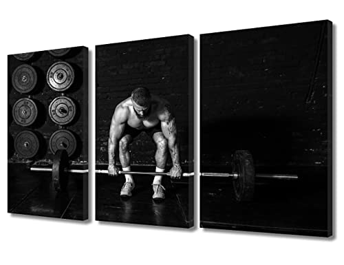 TUMOVO Sport Fitness Weightlifting Wall Decor 3 Panels Bodybuilding Training Athlete Workout Pictures Wall Decor for Bedroom Fitness Equipment Wall Decor Living Room Framed Ready to Hang (36" Wx24 H)