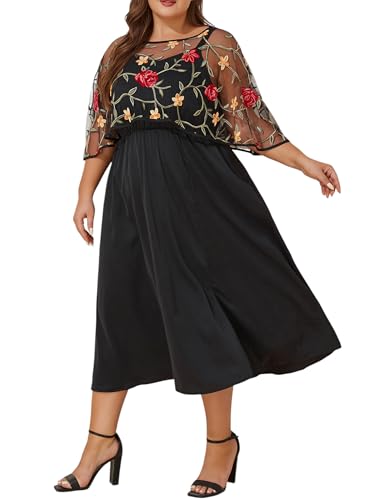 ZNU Women Plus Size Formal Party Wedding Guest Cocktail Dress 2025 - Floral Embroidered Shawl Evening Dress with Pockets