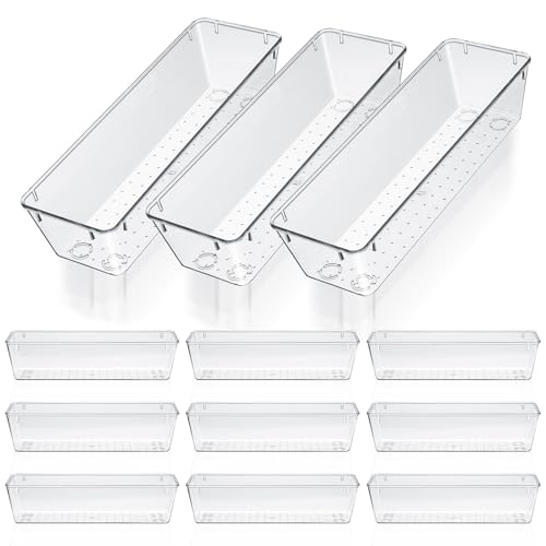 MAQUITA 12 Pcs Vanity Drawer Organizer 9 x 3 x 2 Inches Clear Plastic Utensil Organizers Kitchen Drawers Dividers for Office Desk Silverware Kitchen Utensils Cosmetics and Bathrooms(Clear)