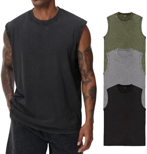 Herren Kurzarm Sommer Ärmelloses Shirt, Männer Fitness ärmellos Weste, Washed Sleeveless t-Shirt, Workout, Fitnessstudio, Baumwolle