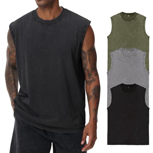 Mens Cotton Sleeveless Tank Tops Cut Off Muscle Gym T Shirts Running Beach Loose Fit Tees(AGGYBK L) by KEEPSHOWING - Used condition - US$31.63