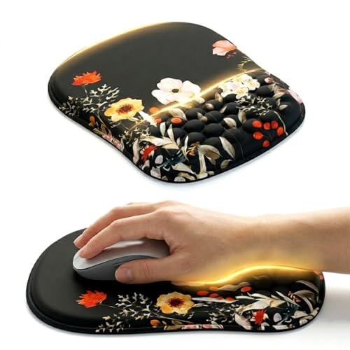 Image of Mouse Pad Wrist Support with Massage Design, Ergonomic Floral Mouse Mat, Pain Relief Memory Foam, Anti-Slip PU Base, Cushion Mousepad Wrist Rest for Gaming, Home, Office, Computer (Flower)