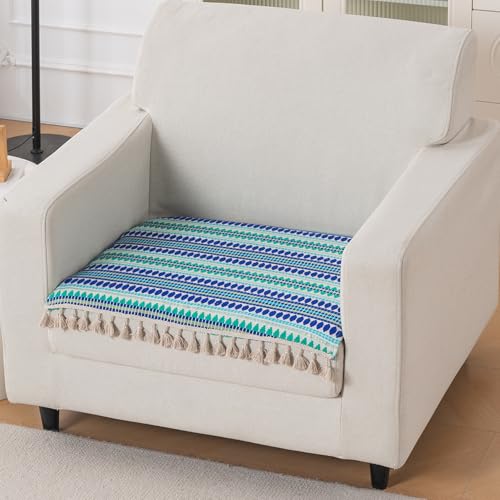 Image of HOKIPO 'Artisan Boho Series' Sofa Cover Mat with Tassel | 450 GSM Cotton Acrylic Jacquard for 1 Seater Sofa, Royal Blue (IN-901-A2*S)