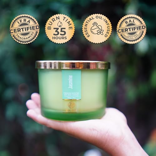 Image of EKAM 3 Wick Soy Wax Scented Candle | Jasmine Fragrance | 35 Hr Burn | Long Lasting Premium Jar Candle for Home Decor, Relaxation & Gifting