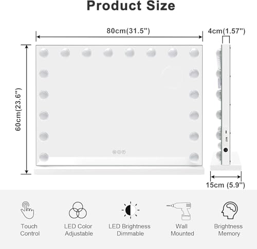 Miniatura 2 de Moziel 80 X 60 Cm Espejo De Maquillaje Con Luz, Espejo Tocador Con Luces De 18 Led Montado En La Pared O En La Mesa, 3 Colores De Luz Y Función De Brillo Ajustable