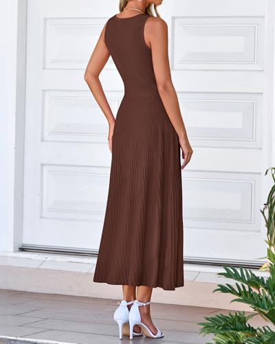 BTFBM Women Tank Midi Dress Summer Crewneck Sleeveless Pleated A Line Business Casual Formal Sweater Spring Dresses 2026(Brown, Large) — view 3