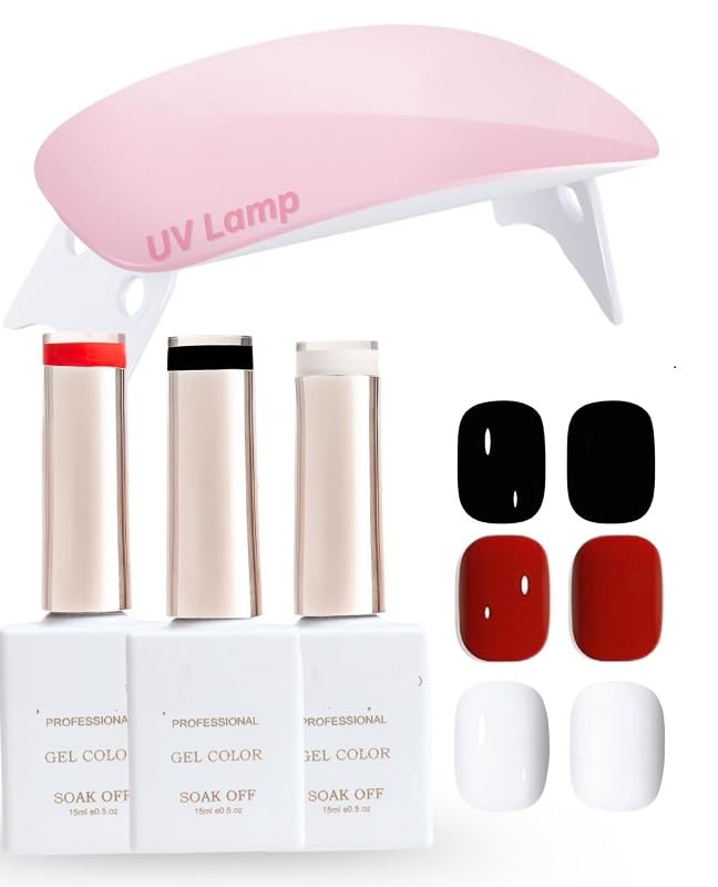 Gel Nail Polish Kit with UV Lamp, Soak Off, Highly Pigmented, Chip Resistant, Long Lasting, 15ml, Red, Black, White-image-34