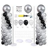 BoKin Balloon Column Stand Kit Set of 2, 1.5ft to 7ft Free Adjustable Metal Balloon Column Stand with 104 Balloons for Party Decorations Wedding Birthday Graduation Baby Shower, Black Silver