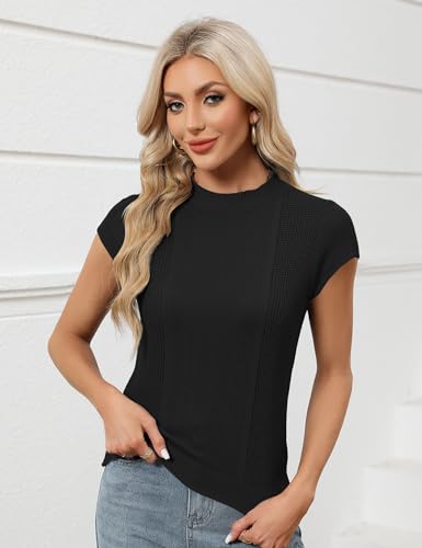 LOMON Women's Summer Cap Sleeve Knit Tops Mock Neck Business Casual Sweaters Lightweight Pullover Blouses3