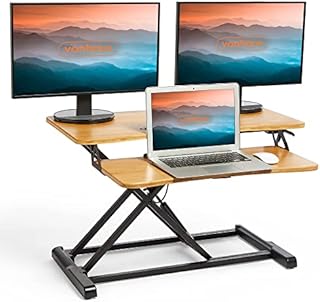 VonHaus Standing Desk Converter Wood - 32" Bamboo Sit Stand Desk Riser for Dual Monitor - Height Adjustable Standing Workstation for Home Office