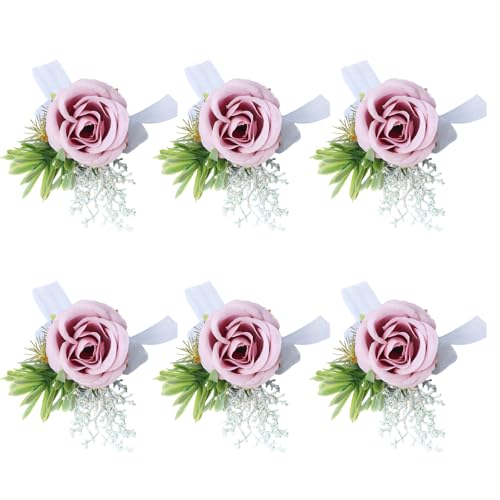 Pink Rose Wrist Corsage and Boutonniere Set Wedding Bridal Wrist Flower Corsages with Pearl Wristlet Band Bracelet Pin for Bride