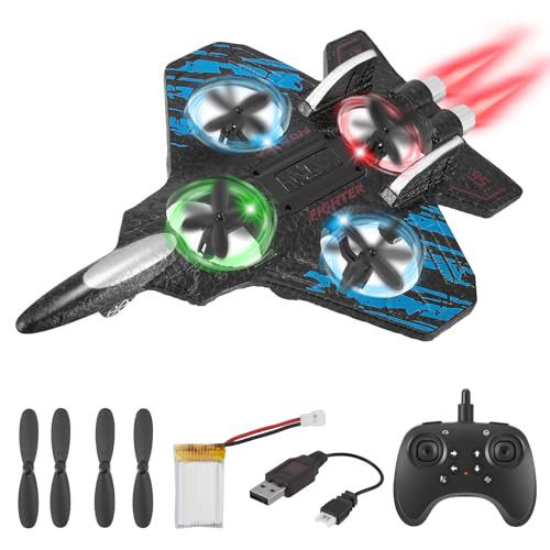 RC Plane, Foam Remote Control Airplane for Kids Adults with Cool Light, RC Fighter Jet Planes Aeroplane Toys Gifts for Kids Boys Beginners, 2 Batteries, 360° Flip, Spinning Drone, Stunt Roll