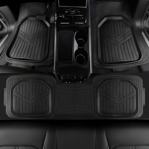 Image of Amazon Basics 3-Piece All-Weather Heavy Duty, Full Set PVC Floor Mats for Universal Fit in Cars, SUVs, and Trucks, Black, Trim to Customize
