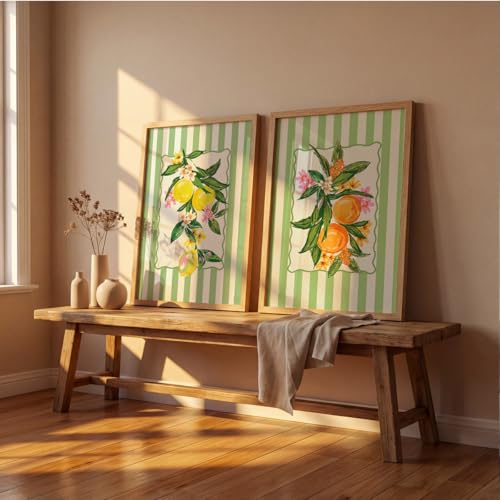 Image of Suneree Botanical Fruit Wall Art Set of 2 Framed Paintings | Lemon Orange Illustration Green Striped Poster | Kitchen Dining Room Home Decor (Art 1, 10x13 Inches)