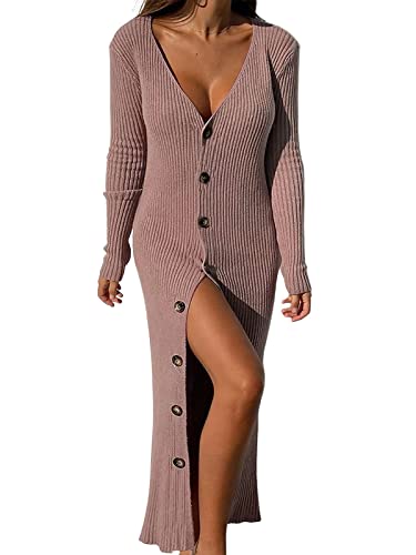 Image of ebossy Women's Ribbed Slim Long Knit Cardigan Sweater Sexy V Neck Button Down Crochet Maxi Dress Trench Coat (Large, Pink)