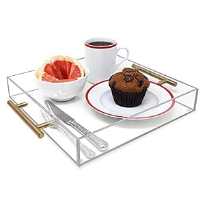 Isaac Jacobs Clear Acrylic Serving Tray 15×15 with Gold Metal Handles Spill Proof Stackable Organizer Food Drinks Server IndoorsOutdoors Lucite Storage Decor 15×15 Clear with Gold Handle