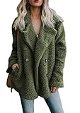 GRASWE Winter Sherpa Jacket Women Fuzzy Faux Jacket Double Breasted Lapel Collar Warm Casual Overcoat Green L