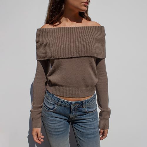 Image of Women Off Shoulder Long Sleeve Sweater Y2K Ribbed Knit Pullover Solid Crop Top Going Out Boat Neck Blouse