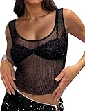 AIHUKOCY Women Sexy Fishnet Knit Glittering Scoop Neck Crop Tank Going Out Top Sheer Mesh Solid Slim Cropped Vest Cami Tops Black
