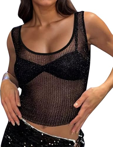 AIHUKOCY Women Sexy Fishnet Knit Glittering Scoop Neck Crop Tank Going Out Top Sheer Mesh Solid Slim Cropped Vest Cami Tops Black