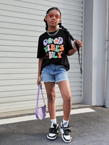 KEEVICI Flower Girl Shirt Graphic Tees Cute Preppy Shirts Kids Letter Print T Shirt Fun Summer Cotton Youth Aesthetic Tops4