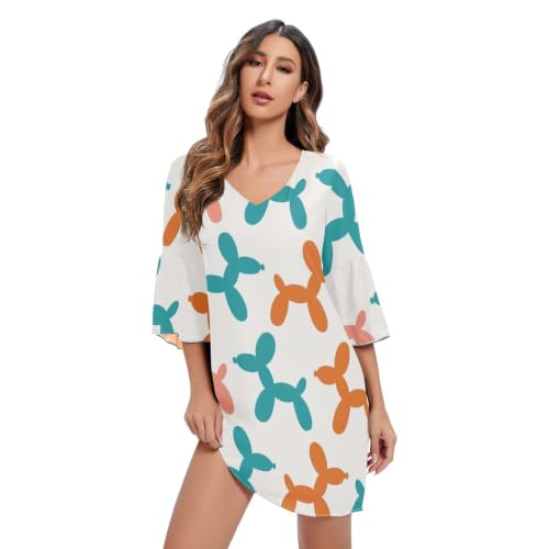 Robe courte beige tendance avec manches 3/4 et motif chien ballon imprimé