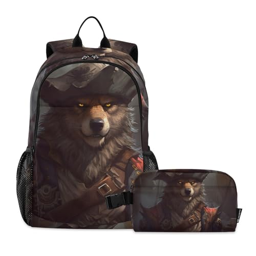Travel Backpack Lunch Bag Set for Hiking Picnic, Backpacks with Insulated Lunch Box Ferocious Wolf Print
