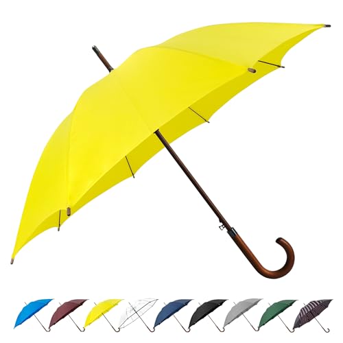 SoulRain 48 Large Umbrella Windproof Stick Umbrellas for Rain Automatic Open Vintage Cane Yellow Umbrella with Classic Wooden Handle & Shaft Open for 2 Persons for Women & Men(Yellow)