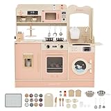 COSTWAY Kinderküche, Spielküche mit 22 Zubehörteilen, Holzküche mit Herd, Wasserhahn, Mikrowelle, Kaffeemaschine, Toaster & Eisspender, Licht und Sound, Spielzeugküche für Kinder ab 3 Jahren (Rosa)