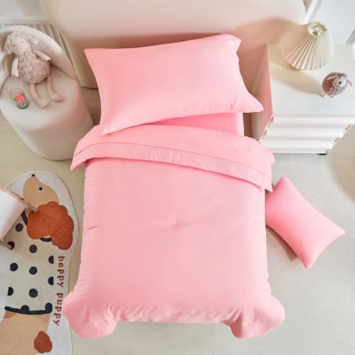Image of Kids Comforter Sheet Set - Soft and Breathable Bed Set Includes Quilted Comforter, Fitted Sheet, Flat Top Sheet, Pillowcase and Toddler Pillowcase for Toddler - 5 Pieces Toddler Bedding Set Pink